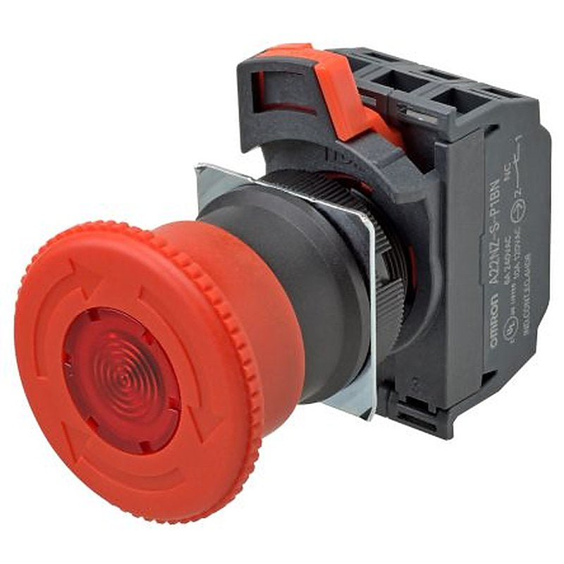 Omron A22NE Series Turn to Reset Illuminated Emergency Stop Push Button, Built-In, 22 mm Cutout, 1 NO/1 NC, IP65