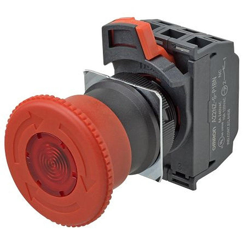 Omron A22NE-PD Series Turn to Reset Illuminated Emergency Stop Push Button, Panel Mount, 22 mm Cutout, 2 NC/2 NO, IP65