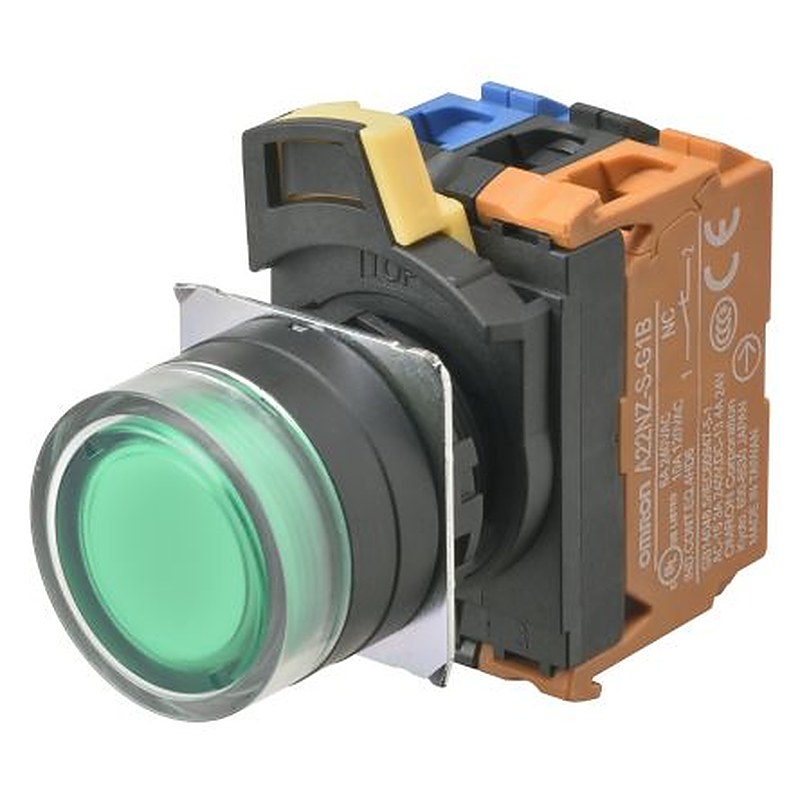 Omron A22NZ Series Illuminated Push Button Switch, Momentary, Panel, 22 mm Cutout, SPST, Green LED, IP66, 30 V dc 24 V