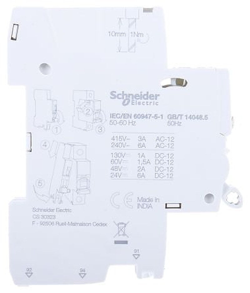 Schneider Electric Auxiliary Contact, 1 Contact, 1 CO, Acti9, DIN Rail, 6 A, 425V, A9A26927