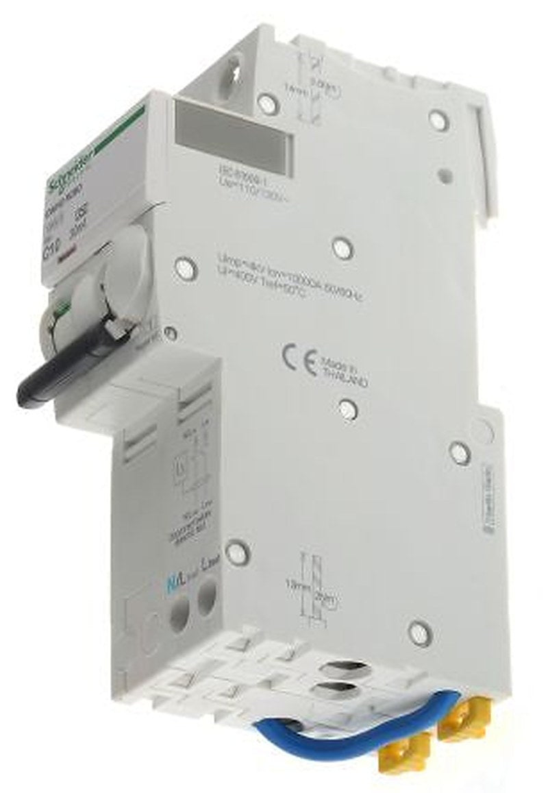 Schneider Electric Residual Current Circuit Breaker with Overload Protection, 10A Current Rating, 2-Pole, 30 mA Trip
