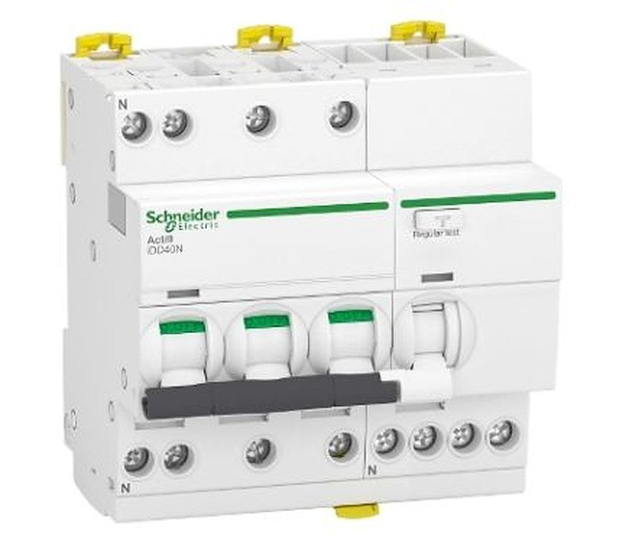Schneider Electric Residual Current Circuit Breaker with Overload Protection, 20A Current Rating, 3-Pole, 30 mA Trip