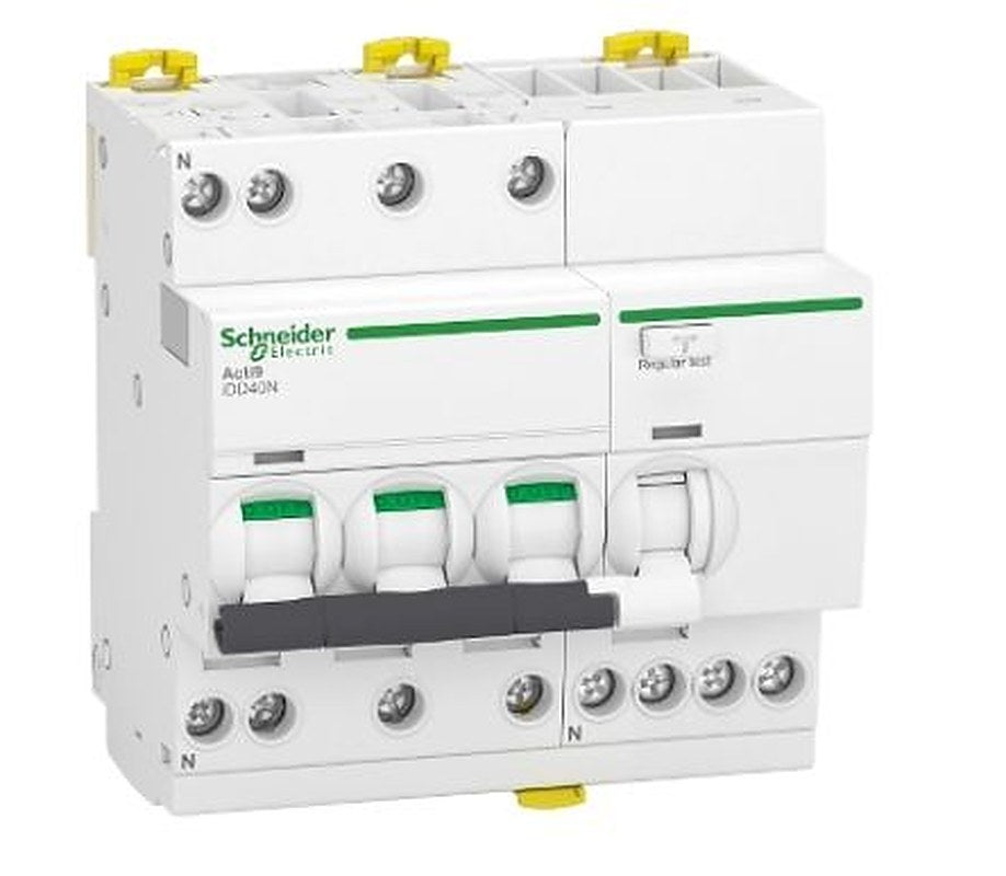 Schneider Electric Residual Current Circuit Breaker with Overload Protection, 25A Current Rating, 3-Pole, 30 mA Trip