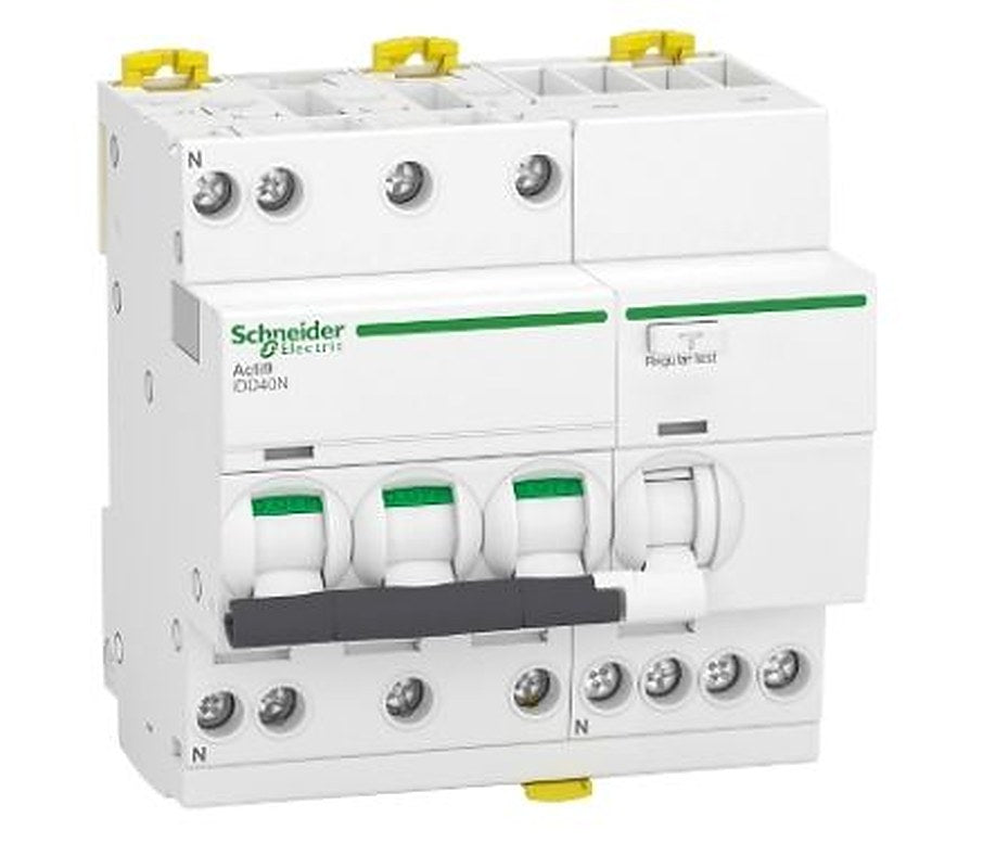 Schneider Electric Residual Current Circuit Breaker with Overload Protection, 40A Current Rating, 3-Pole, 30 mA Trip