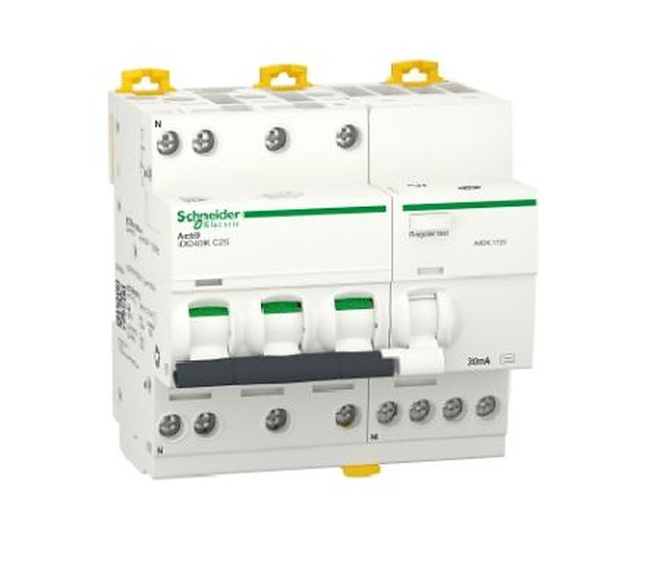 Schneider Electric Residual Current Circuit Breaker with Overload Protection, 25A Current Rating, 3-Pole, 30 mA Trip