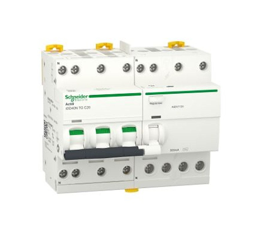 Schneider Electric Residual Current Circuit Breaker with Overload Protection, 20A Current Rating, 3-Pole, 300 mA Trip