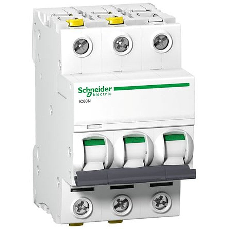Schneider Electric Acti9 A9F0 Miniature Circuit Breaker, 3-Pole, 6A, Type B, 440V ac AC, 180 V dc DC, 36 kA Breaking