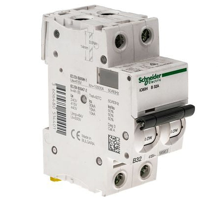 Schneider Electric Acti9 iC60H Miniature Circuit Breaker, 2-Pole, 32A, Type B, 12V, 133 V, 220 V, 240 V, 380 V, 415 V,