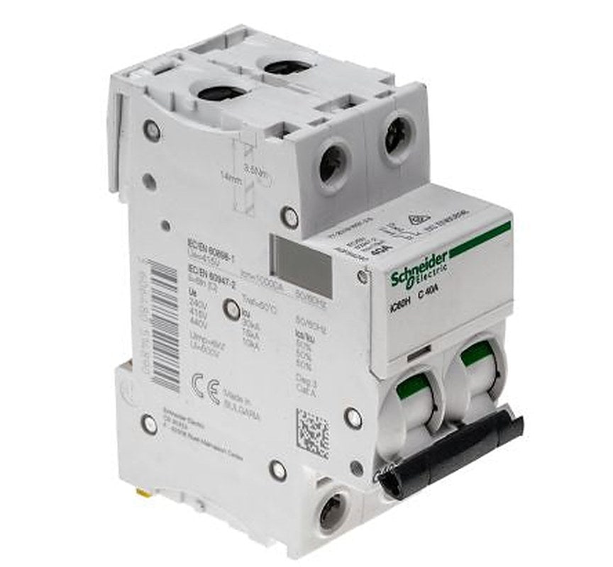 Schneider Electric Acti9 Acti9 iC60H Miniature Circuit Breaker, 2-Pole, 40A, Type C, 440V AC, 125 V DC, 10 kA Breaking