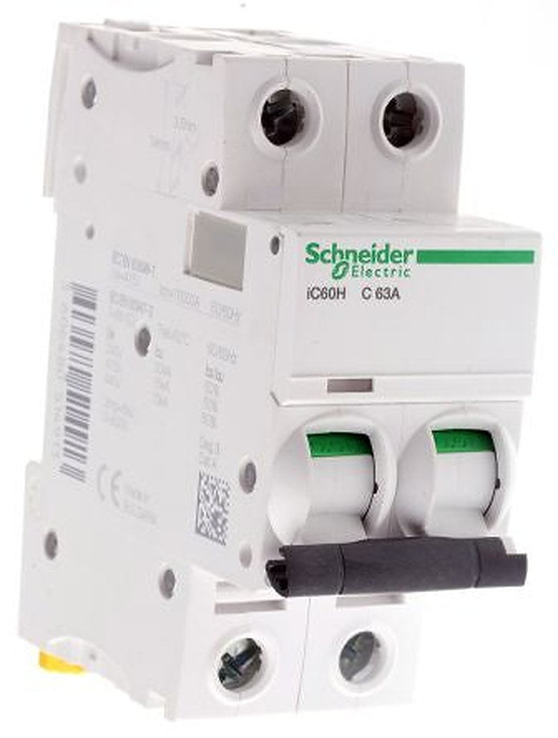 Schneider Electric Acti9 iC60H Miniature Circuit Breaker, 2-Pole, 63A, Type C, 12V, 133 V, 220 V, 240 V, 380 V, 415 V,