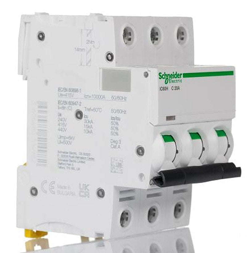 Schneider Electric Acti9 iC60H Miniature Circuit Breaker, 3-Pole, 20A, Type C, 12V, 133 V, 220 V, 240 V, 380 V, 415 V,
