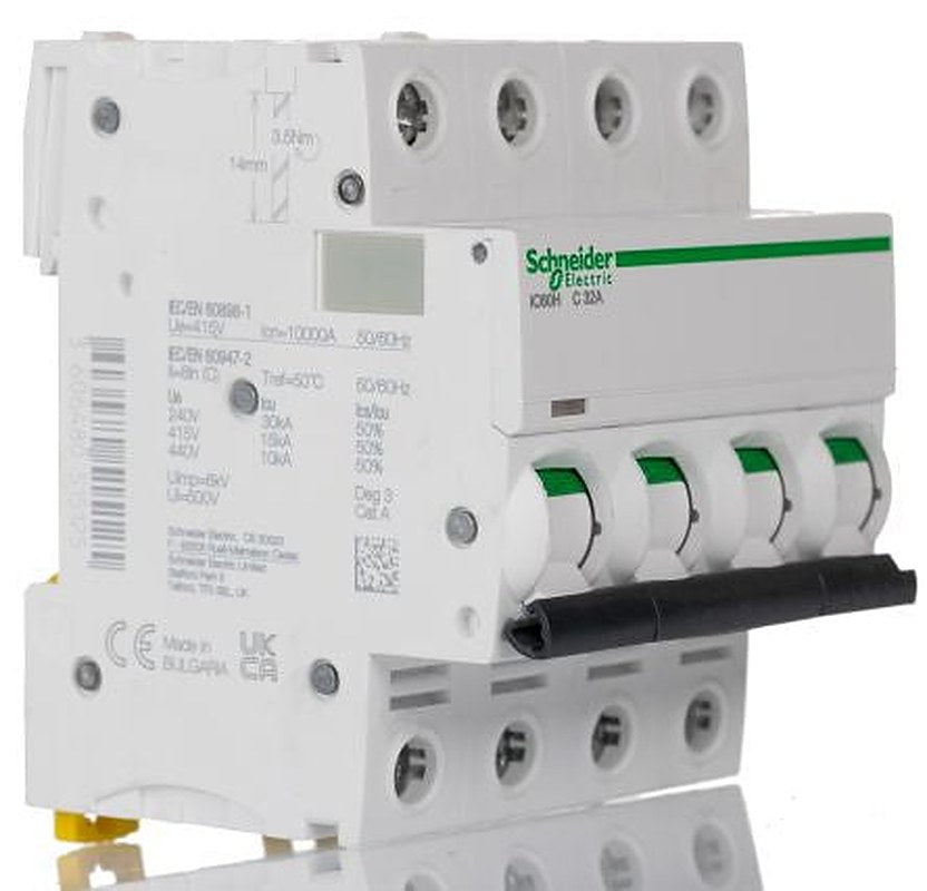 Schneider Electric Acti9 iC60H Miniature Circuit Breaker, 4-Pole, 32A, Type C, 12V, 133 V, 220 V, 240 V, 380 V, 415 V,