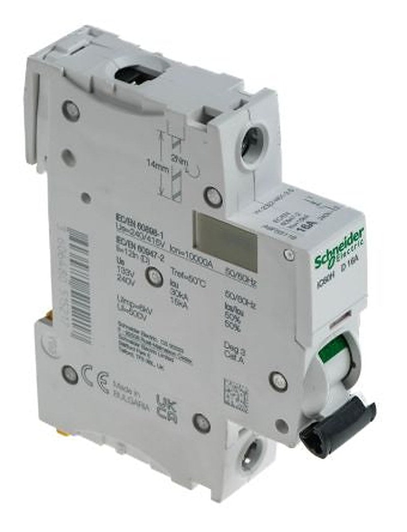 Schneider Electric Acti9 iC60H Miniature Circuit Breaker, 1-Pole, 16A, Type D, 100V, 12 V, 133 V, 220 V, 240 V, 60 V AC,