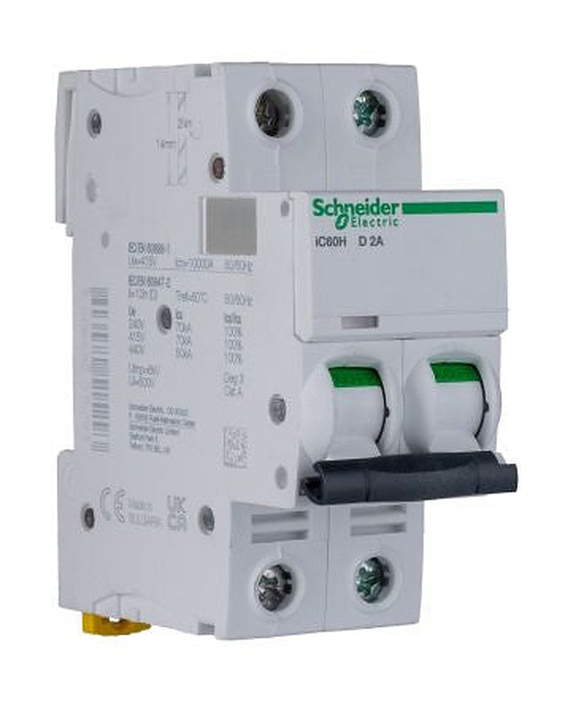 Schneider Electric Acti9 iC60H Miniature Circuit Breaker, 2-Pole, 2A, Type D, 12V, 133 V, 220 V, 240 V, 380 V, 415 V,