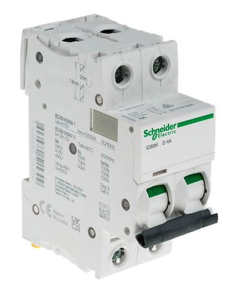 Schneider Electric Acti9 iC60H Miniature Circuit Breaker, 2-Pole, 4A, Type D, 12V, 133 V, 220 V, 240 V, 380 V, 415 V,
