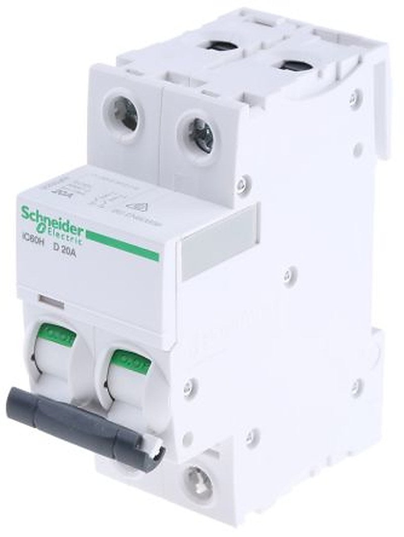 Schneider Electric Acti9 iC60H Miniature Circuit Breaker, 2-Pole, 20A, Type D, 12V, 133 V, 220 V, 240 V, 380 V, 415 V,