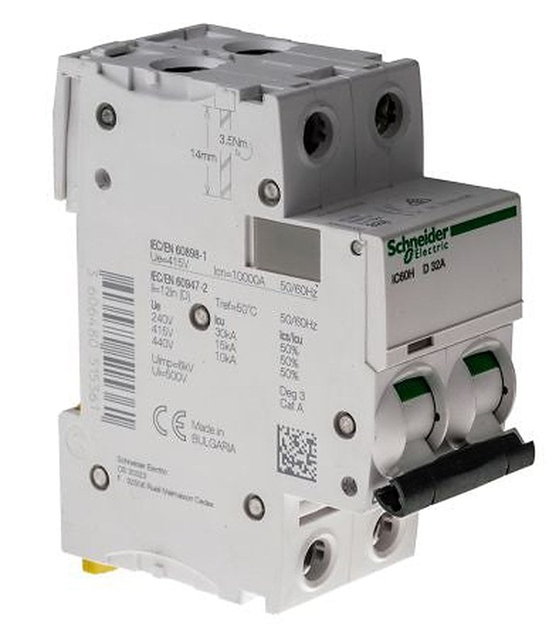 Schneider Electric Acti9 iC60H Miniature Circuit Breaker, 2-Pole, 32A, Type D, 12V, 133 V, 220 V, 240 V, 380 V, 415 V,