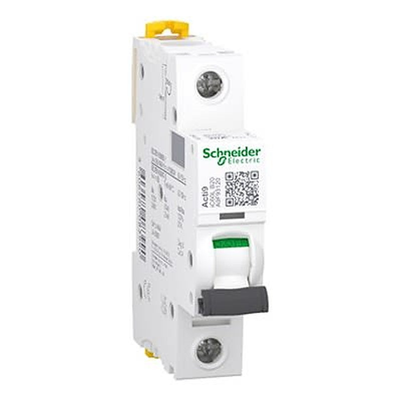 Schneider Electric Acti9 A9F9 Miniature Circuit Breaker, 1-Pole, 20A, Type B, 500V ac AC, 72 V dc DC, 70 kA Breaking