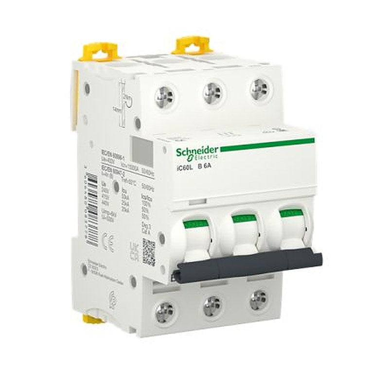 Schneider Electric Acti9 Acti9 iC60 Miniature Circuit Breaker, 3-Pole, 6A, Type B, 440V ac AC, 180 V dc DC, 15 kA