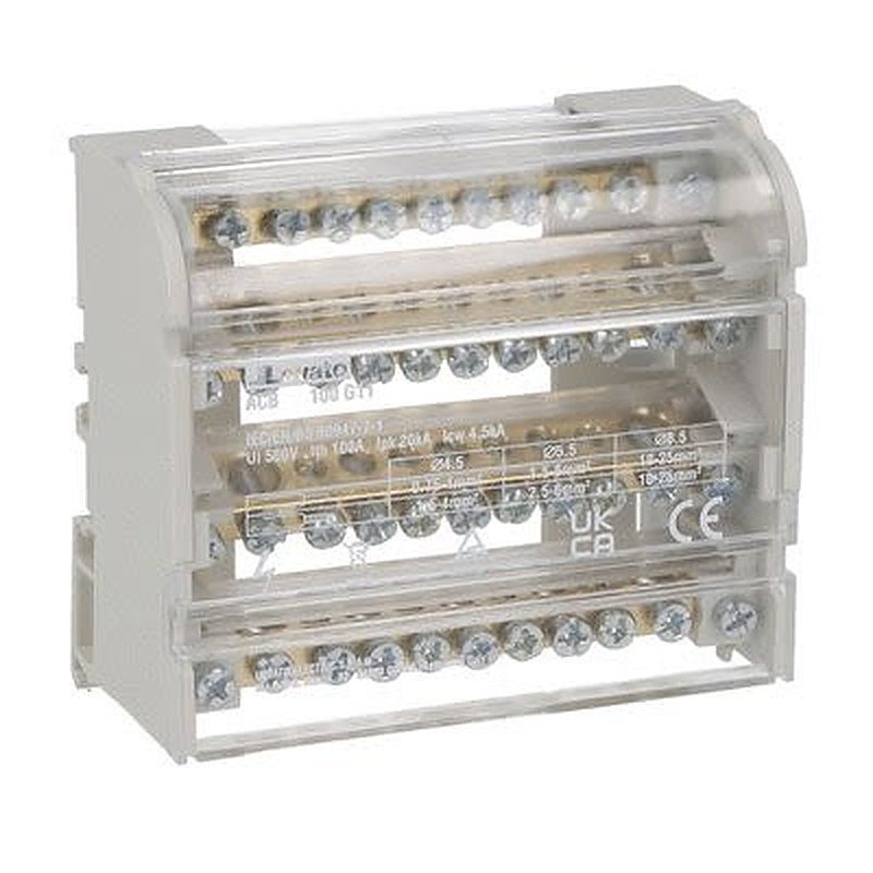 Lovato Distribution Block, 11 Way, 1000V ac/dc, 100A, Clear
