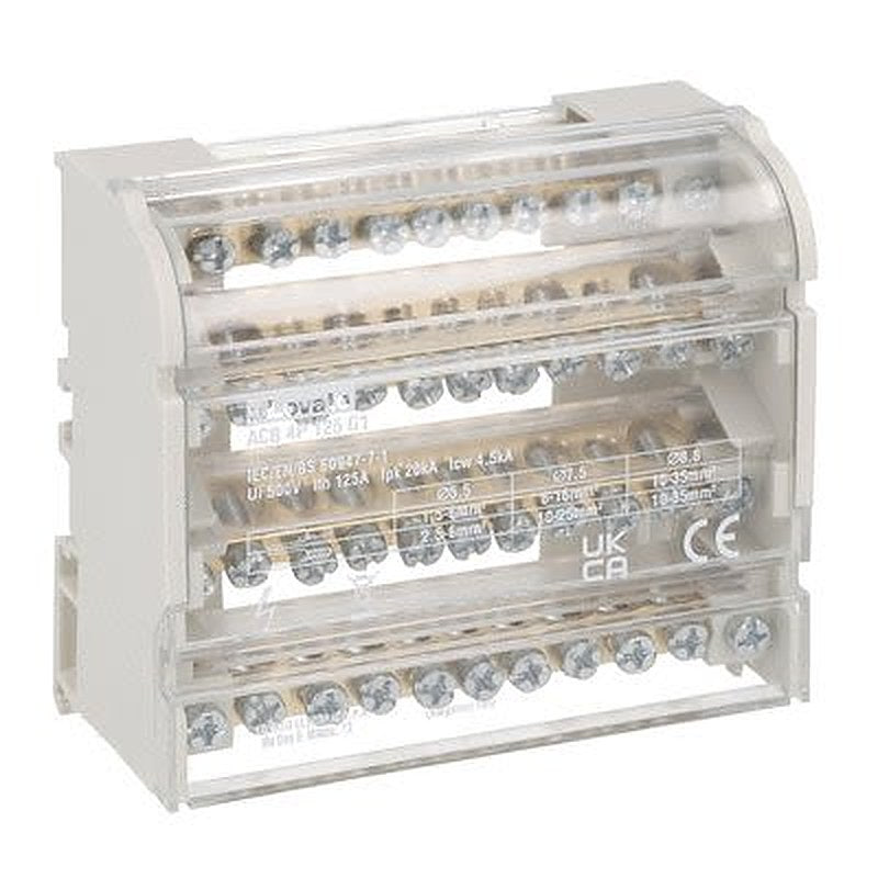 Lovato Distribution Block, 11 Way, 500V, 125A, Light Grey