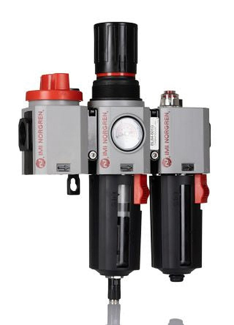 Norgren 3/8 in to 3/4 in Filter Regulator Lubricator, Automatic Drain, 40 μm Filtration Size Integrated Pressure Gauge