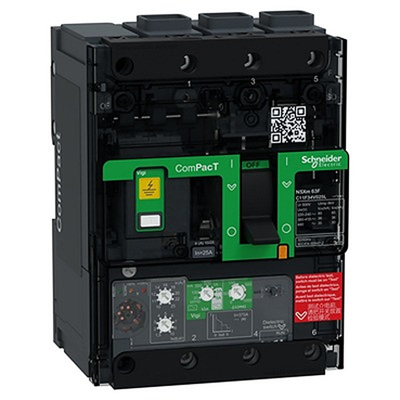 Schneider Electric, ComPacT, NSXm 63F Earth leakage circuit breaker 3-Pole 25A, Breaking Capacity 36 kA, Back Plate,