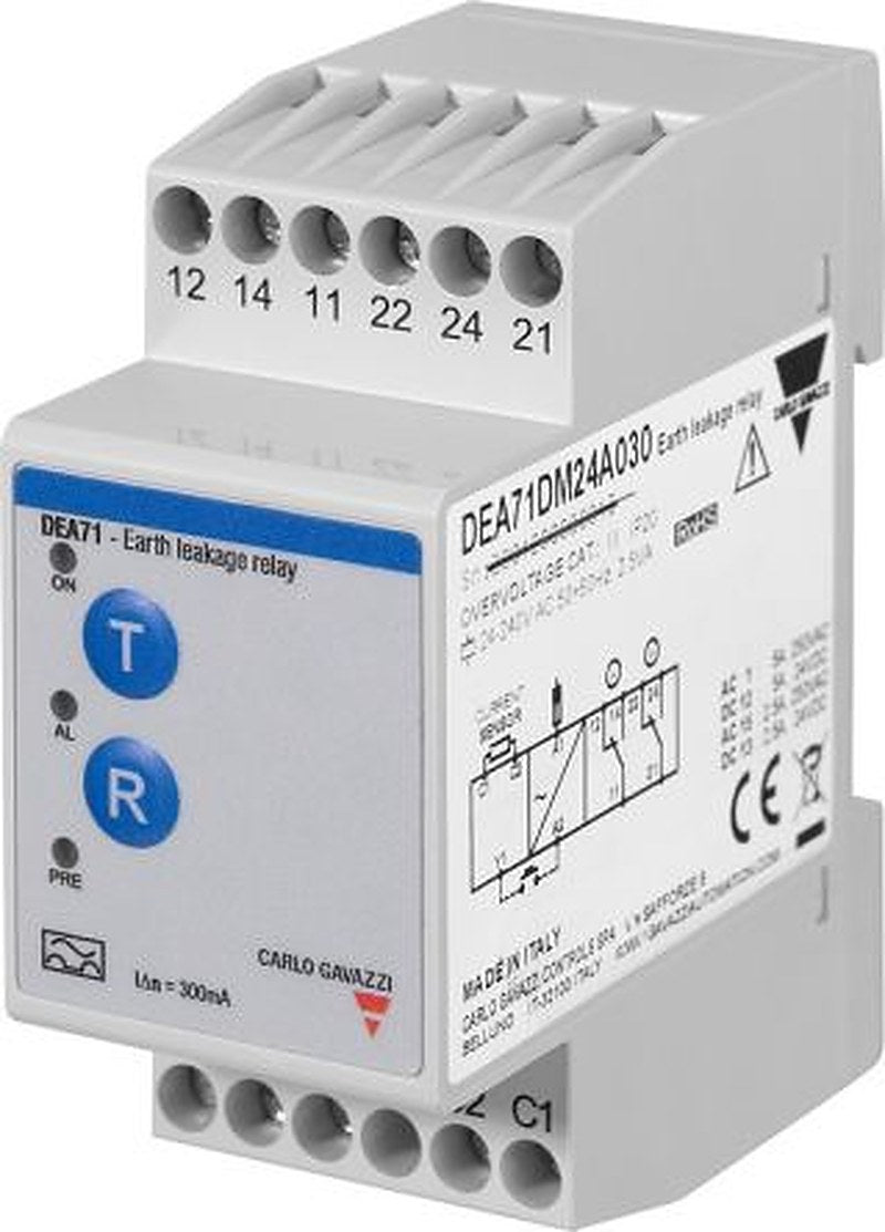 Carlo Gavazzi Earth Leakage Relay, 50 to 60 Hz ±10% Frequency, 300 mA Leakage, Relay SPDT, 14 NO, 12 NC Output