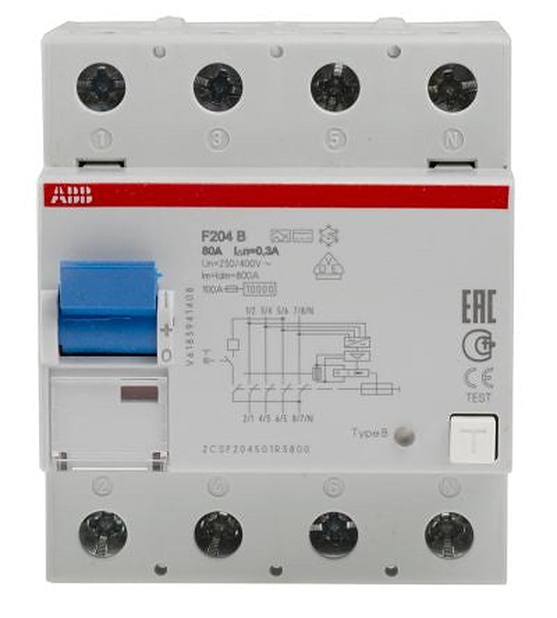 ABB F200 Series Residual Current Circuit Breaker, 80A, 4-Pole, 300 mA, Type B, 1 kA 400V ac