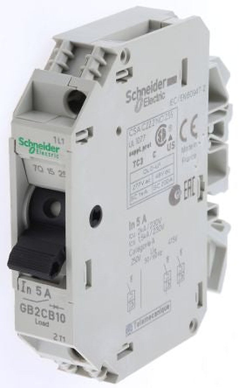 Schneider Electric TeSys TeSyS GB2 Thermal Circuit Breaker - 1-Pole, DIN Rail, 5A Current Rating, 1.5 kA, 110V ac, 48 V