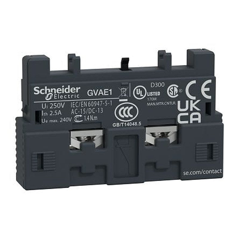 Schneider Electric Auxiliary Contact, 1 Contact, 1 NO/1 NC, TeSys Deca, Front, 2.5 A, 240V ac, GVAE1
