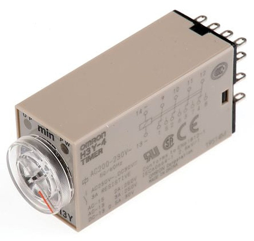 Omron H3Y Series DIN Rail Timer Relay, 4-Contact, 24 V dc 200V ac, 230 V ac, 0.5 to 10 min, 1-Function, 4PDT Switch