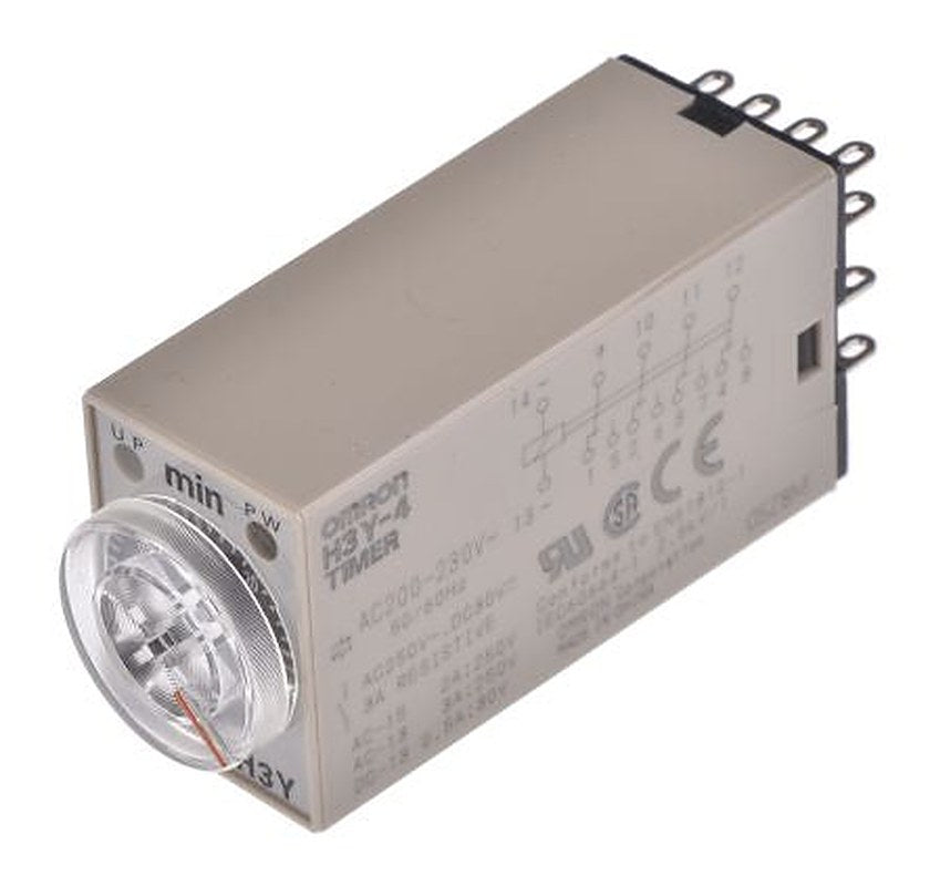 Omron H3Y-4 Series DIN Rail Timer Relay, 4-Contact, 125 V dc 200V ac, 230 V ac, 1 to 30 min, 1-Function, 4PDT Switch