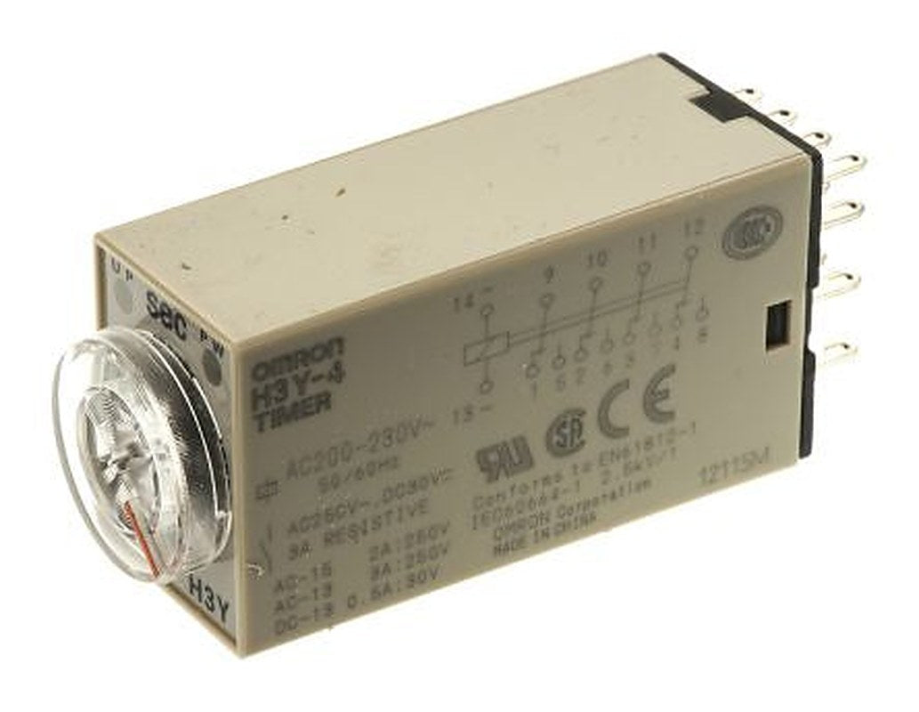 Omron H3Y Series DIN Rail Timer Relay, 4-Contact, 24 V dc 200V ac, 230 V ac, 2 to 60 s, 1-Function, 4PDT Switch
