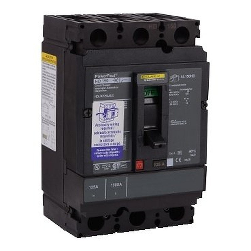Circuit breaker, PowerPacT H, 125A, 3 pole, 600VAC, 14kA, lugs, thermal magnetic, 80%, aux switch, undervoltage (Circuit breaker PowerPacT H) is a Schneider Electric product. Designed for reliable performance and long service life. Available across Iraq — contact us for pricing and delivery options.