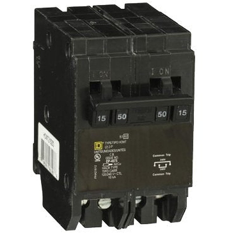 Quad tandem circuit breaker, Homeline, 1 x 2 pole at 15A, 1 x 2 pole at 50A, 120/240VAC, 10kA AIR, plug in, UL (Quad tandem circuit breaker Homeline) is a Schneider Electric product. Designed for reliable performance and long service life. Available across Iraq — contact us for pricing and delivery options.