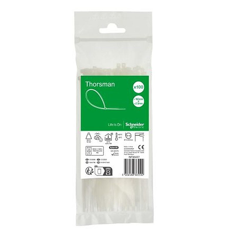 Schneider Electric Cable Tie, Cable Tie, 160 mm x 2.5mm, Clear Polyamide 66