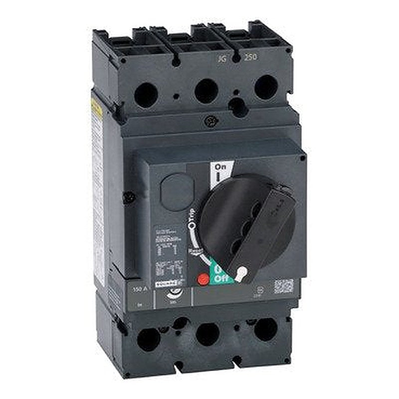 Circuit breaker, PowerPacT J, 150A, 3 pole, 600VAC, 18kA, lugs, thermal magnetic, 80%, black rotary handle (Circuit breaker PowerPacT J) is a Schneider Electric product. Designed for reliable performance and long service life. Available across Iraq — contact us for pricing and delivery options.