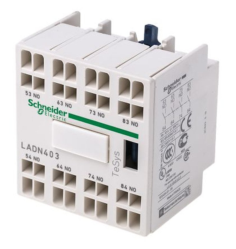 Schneider Electric Auxiliary Contact Block, 4 Contact, 4 NO, TeSys Deca, Snap-On, 10 A, 690V ac, LADN403