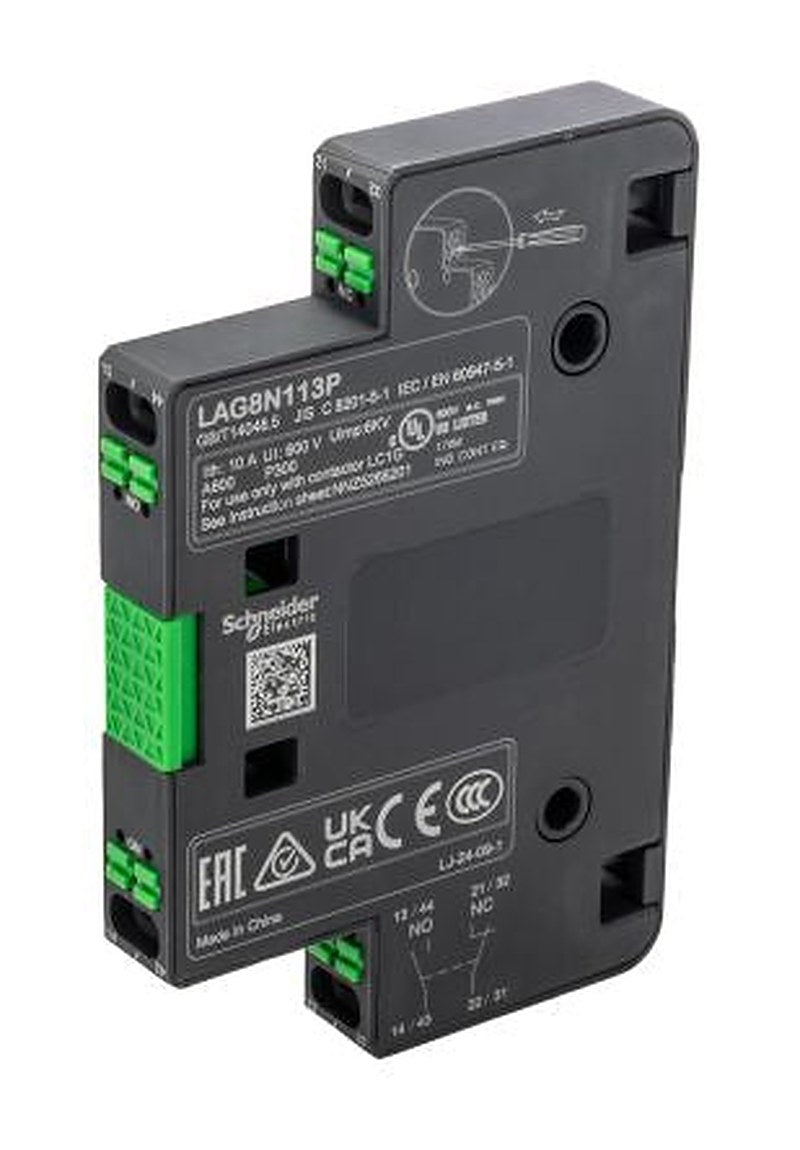 Schneider Electric Auxiliary Contact Block, 2 Contact, 1 NO/1 NC, LAG8N, Side, 10 A, LAG8N113P