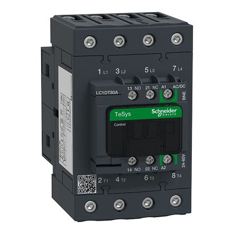 Schneider Electric TeSyS D Contactor, 24V ac/dc, 60 V ac/dc Coil, 4-Pole, 80 A 24V ac/dc, 60 V ac/dc, 1 NO/1 NC, 690V
