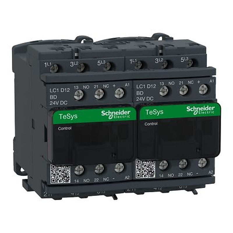 Schneider Electric TeSyS D Reversing Contactor, 24V dc Coil, 3-Pole, 12 A 24V, 1 NO/1 NC, 300 V dc, 690V ac