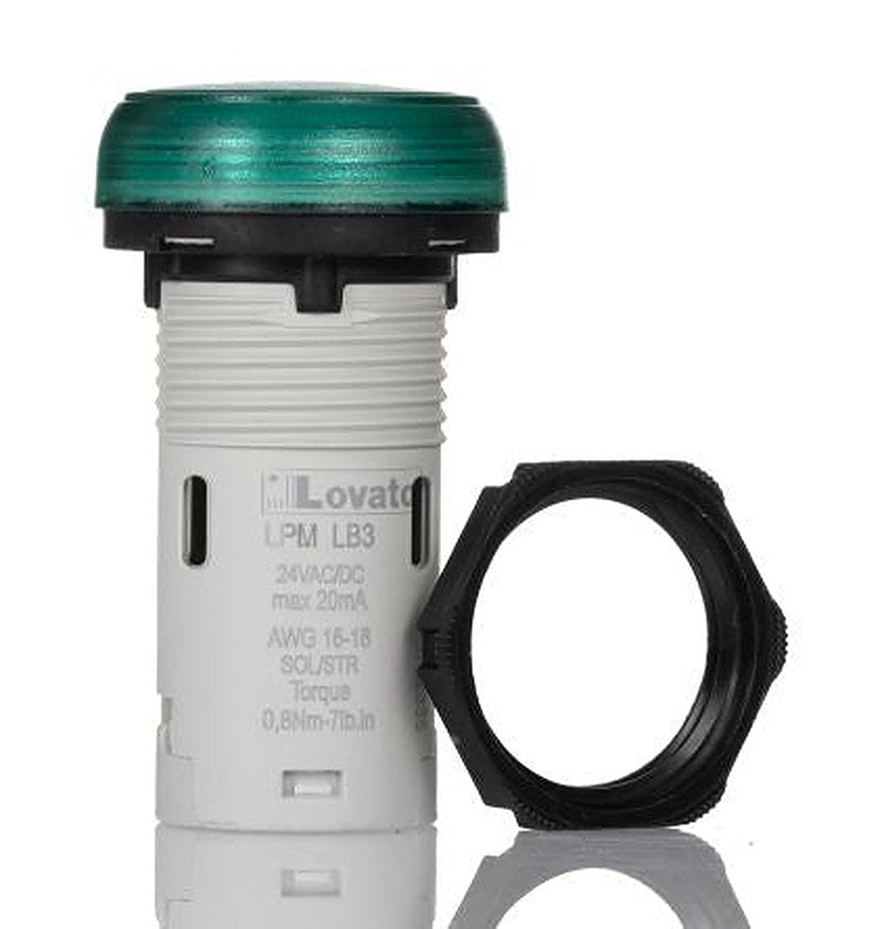 Lovato, LPML, Panel Mount Green LED Pilot Light, 22 mm Cutout, IP69K, IP67, IP66, Round, 24V
