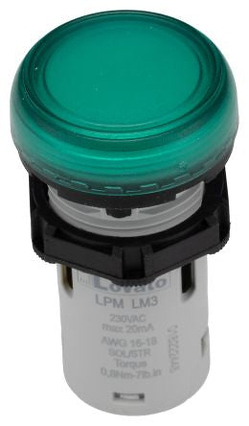 Lovato, LPML, Panel Mount Green LED Pilot Light, 22 mm Cutout, IP67, IP66, IP69K, Round, 230V