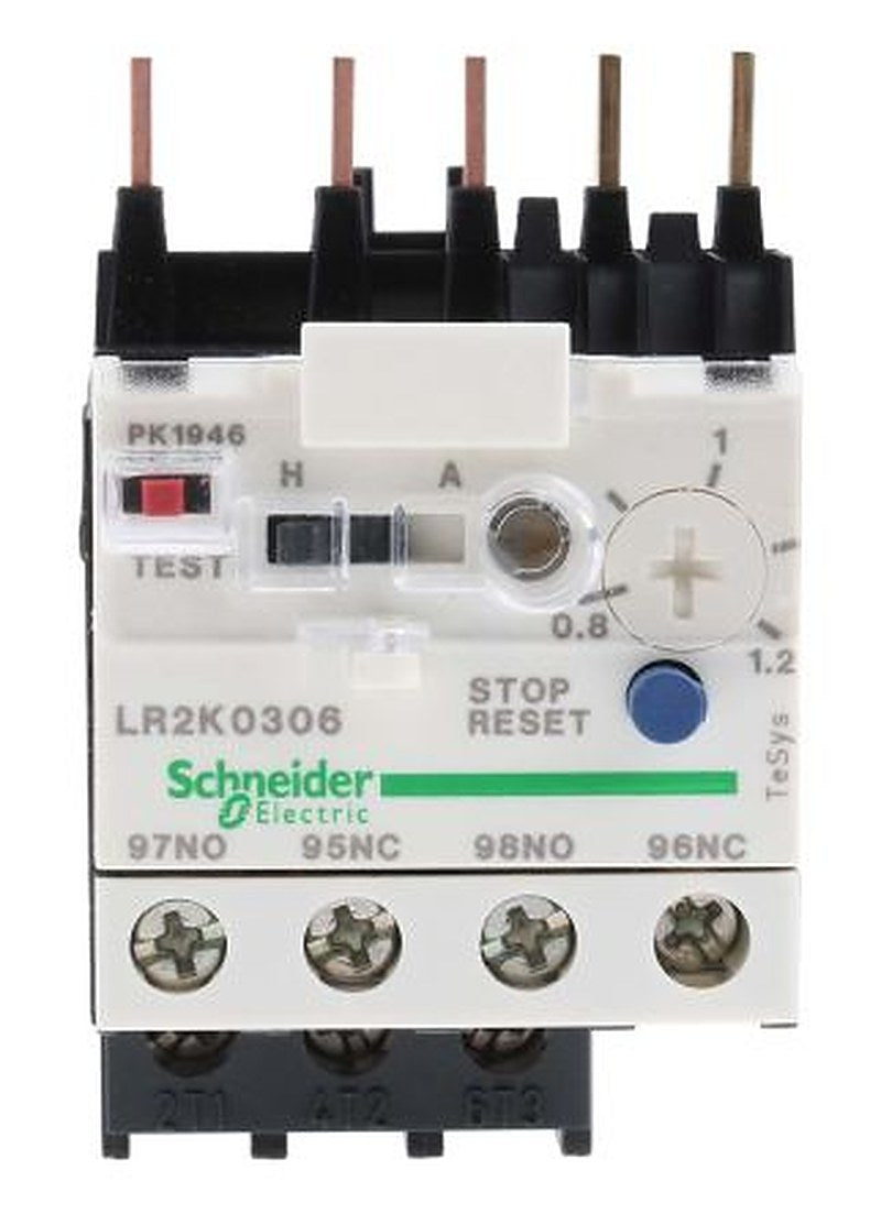 Schneider Electric, LR2K Thermal Overload Relay 1 NO/1 NC, 0.8A, 1.2 A F.L.C, 1.2A Contact Rating, 100 W, 250 V dc, 690V