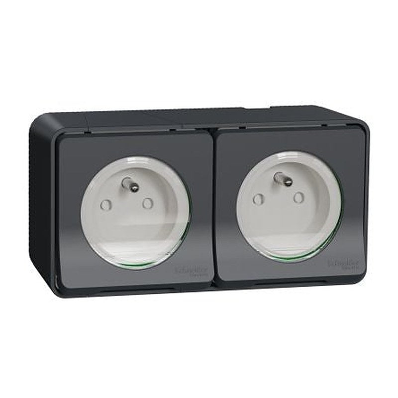 Schneider Electric Mureva Styl Grey 2 Gang Plug Socket, 16A Indoor & Outdoor, French 2P