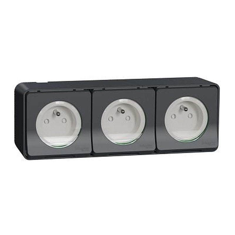 Schneider Electric Mureva Styl Grey 3 Gang Plug Socket, 16A Indoor & Outdoor, French 2P