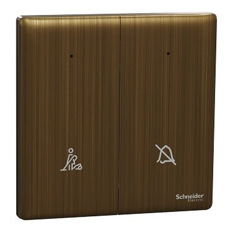 Switch, Unica X, 16AX, 250V, 2 gangs, with DND and PCU symbol, antique brass (Switch Unica X) is a Schneider Electric product. Designed for reliable performance and long service life. Available across Iraq — contact us for pricing and delivery options.