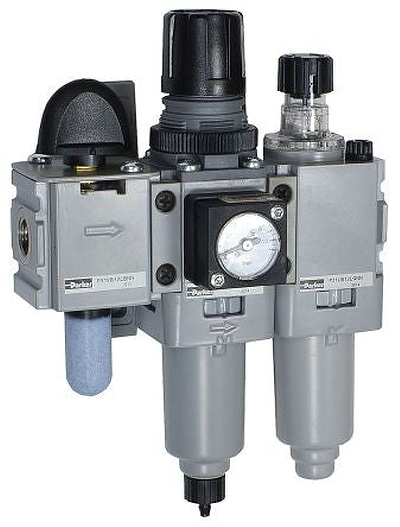 Parker BSPP 1/4 FRL, Manual Drain, 5 μm Filtration Size Integrated Pressure Gauge