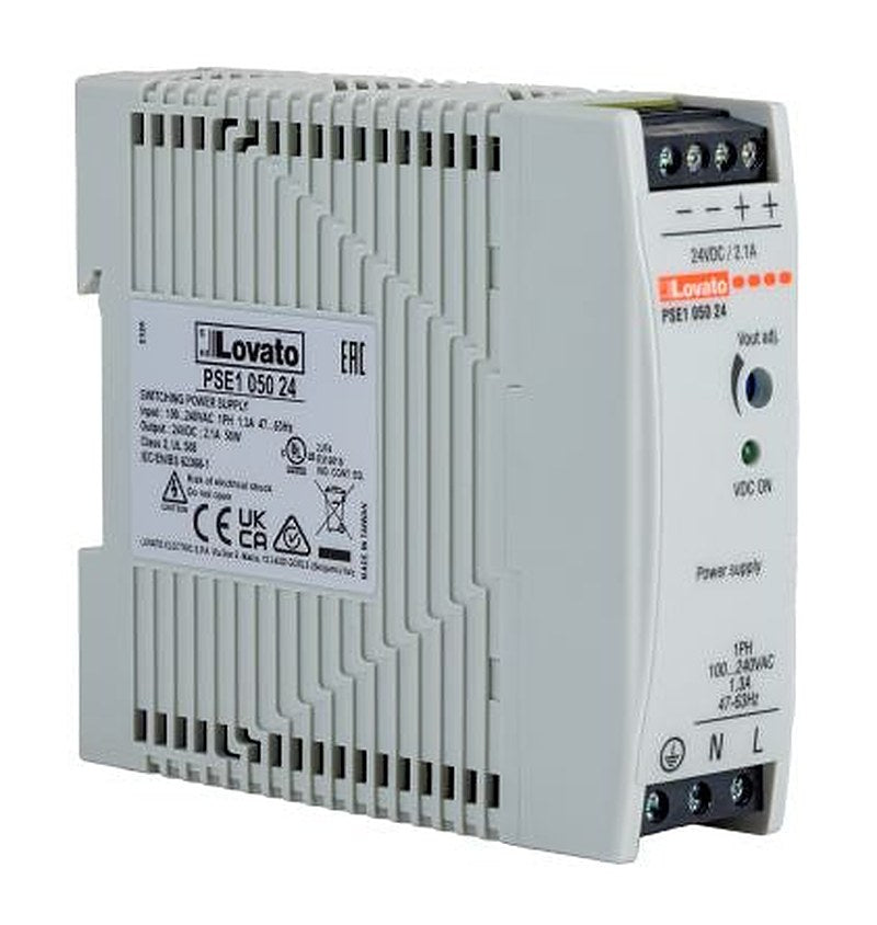 Lovato PSE1 DIN Rail DIN Rail Power Supply 375 V dc, 264V ac AC Input 24V dc, 2.1 A Output DC 50 W